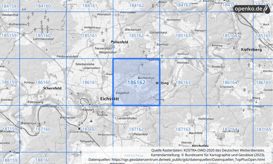 Übersichtskarte des KOSTRA-DWD-2020-Rasterfeldes Nr. 186162