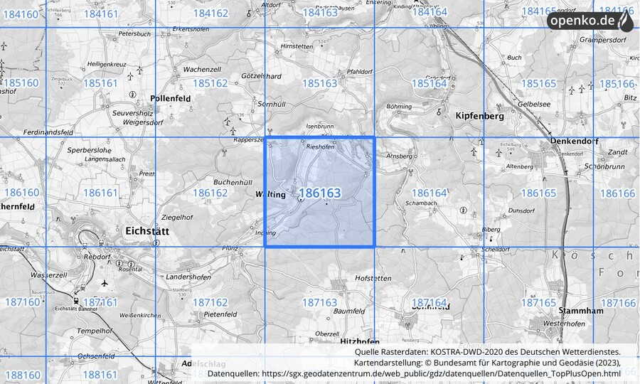 Übersichtskarte des KOSTRA-DWD-2020-Rasterfeldes Nr. 186163