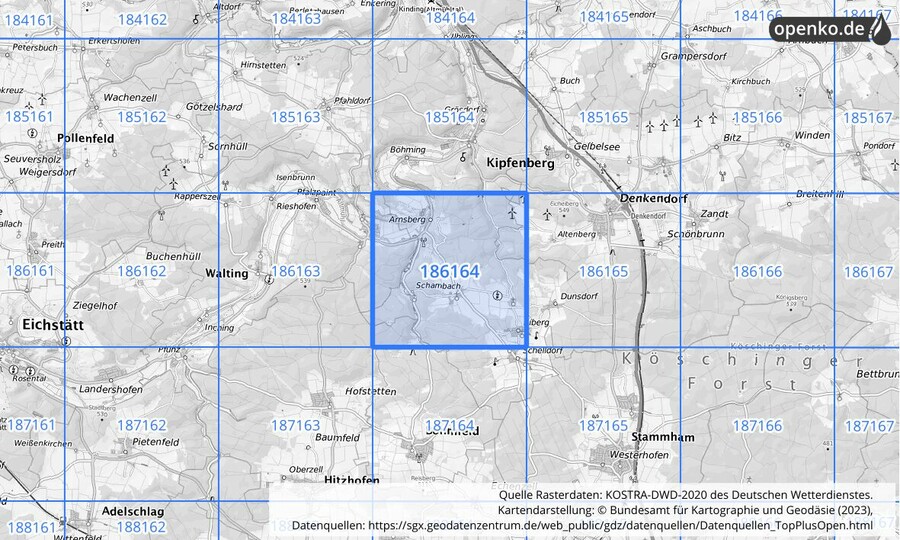 Übersichtskarte des KOSTRA-DWD-2020-Rasterfeldes Nr. 186164