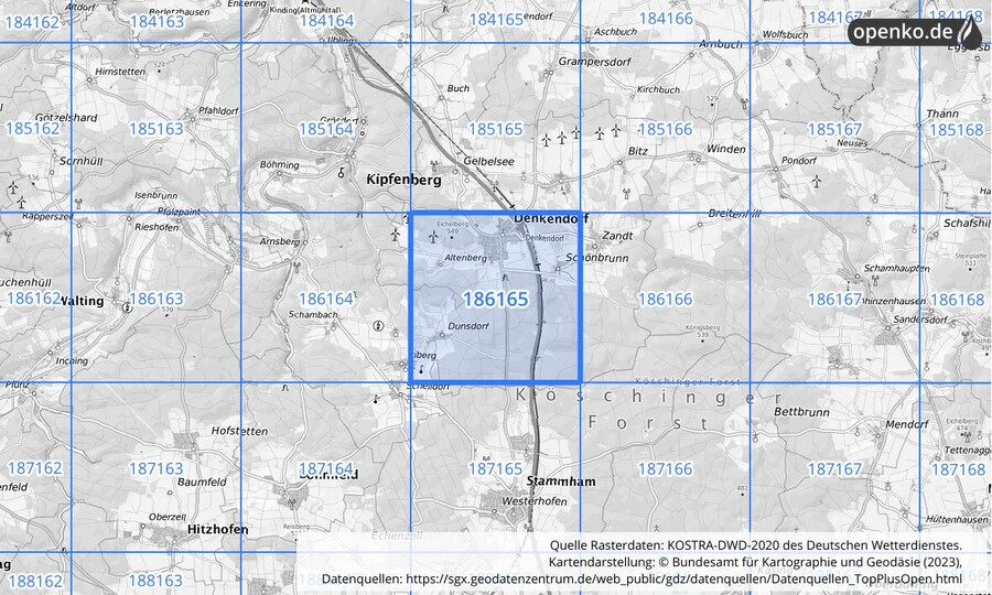 Übersichtskarte des KOSTRA-DWD-2020-Rasterfeldes Nr. 186165