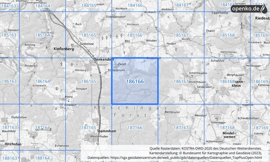 Übersichtskarte des KOSTRA-DWD-2020-Rasterfeldes Nr. 186166