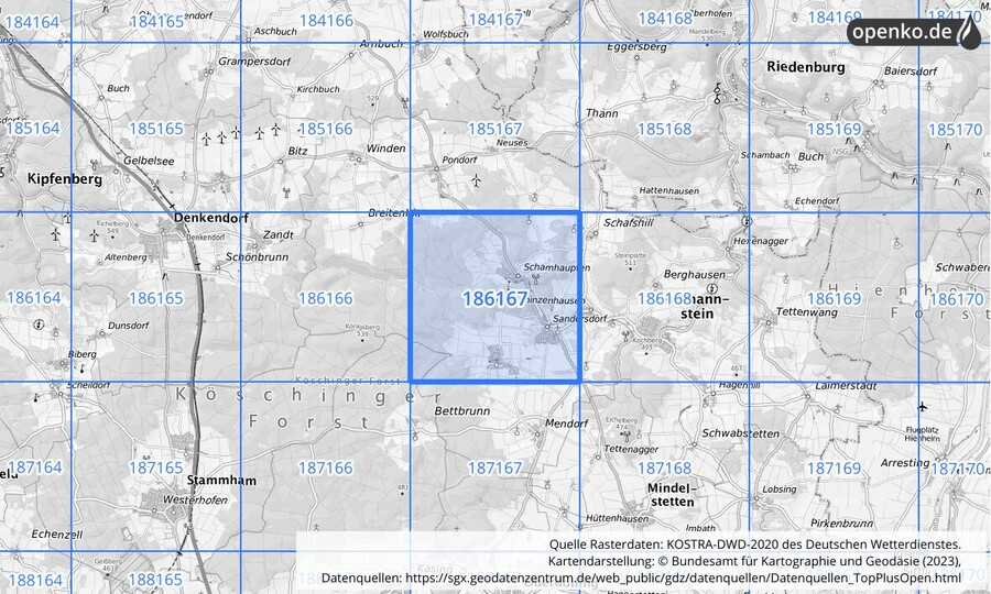 Übersichtskarte des KOSTRA-DWD-2020-Rasterfeldes Nr. 186167