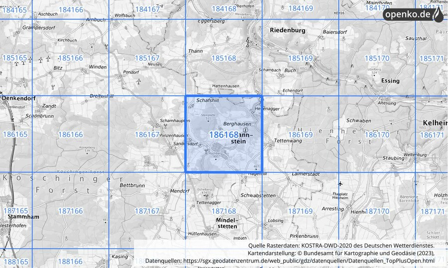Übersichtskarte des KOSTRA-DWD-2020-Rasterfeldes Nr. 186168