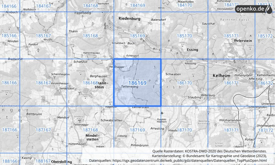 Übersichtskarte des KOSTRA-DWD-2020-Rasterfeldes Nr. 186169