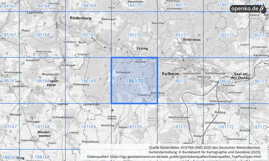 Übersichtskarte des KOSTRA-DWD-2020-Rasterfeldes Nr. 186170