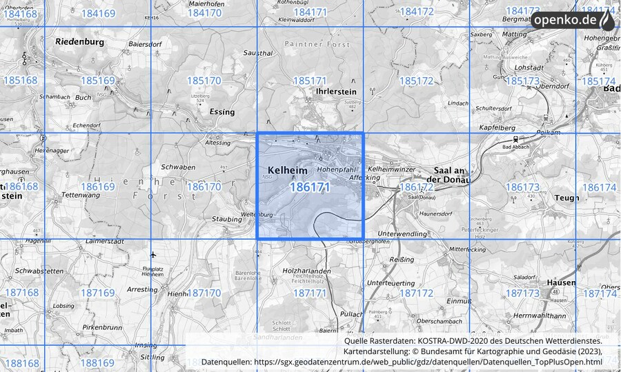 Übersichtskarte des KOSTRA-DWD-2020-Rasterfeldes Nr. 186171