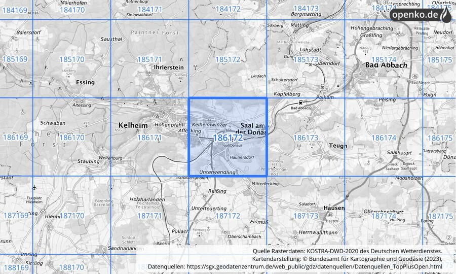 Übersichtskarte des KOSTRA-DWD-2020-Rasterfeldes Nr. 186172