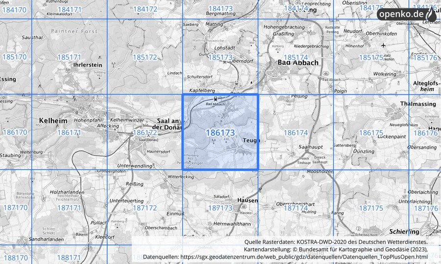 Übersichtskarte des KOSTRA-DWD-2020-Rasterfeldes Nr. 186173