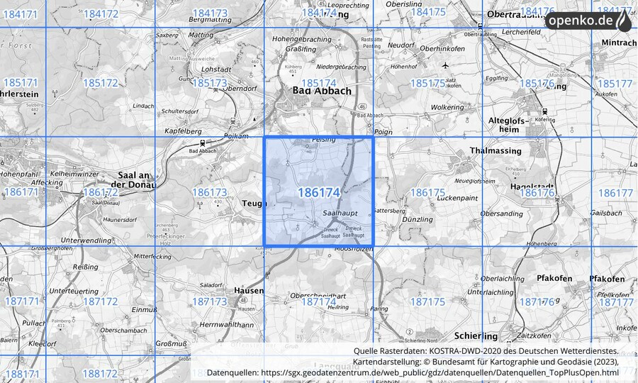 Übersichtskarte des KOSTRA-DWD-2020-Rasterfeldes Nr. 186174