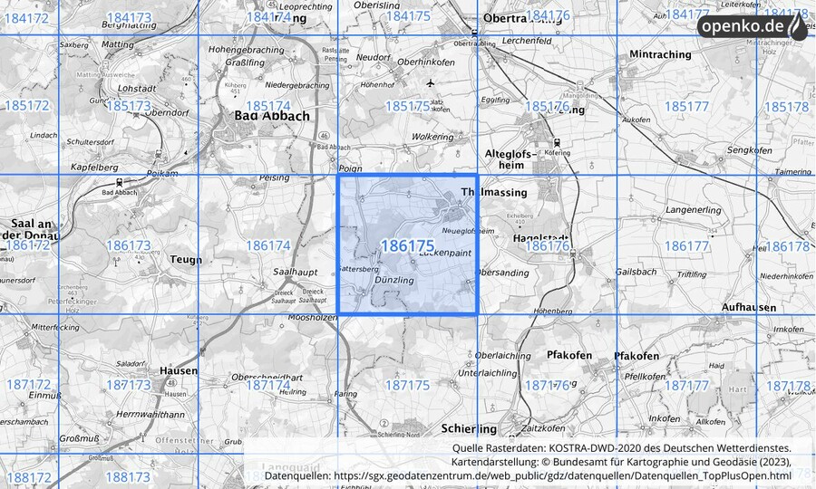 Übersichtskarte des KOSTRA-DWD-2020-Rasterfeldes Nr. 186175