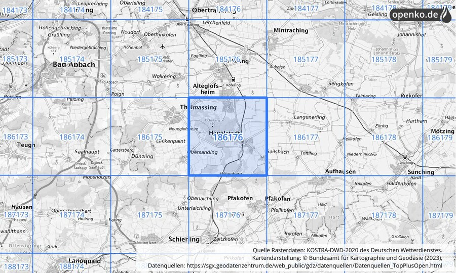 Übersichtskarte des KOSTRA-DWD-2020-Rasterfeldes Nr. 186176