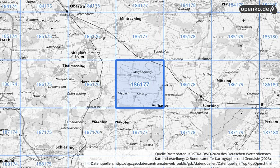 Übersichtskarte des KOSTRA-DWD-2020-Rasterfeldes Nr. 186177