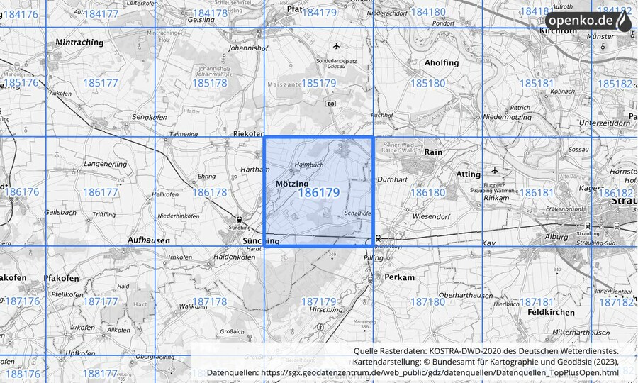 Übersichtskarte des KOSTRA-DWD-2020-Rasterfeldes Nr. 186179