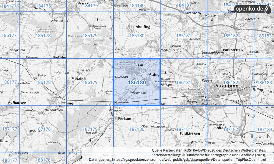 Übersichtskarte des KOSTRA-DWD-2020-Rasterfeldes Nr. 186180
