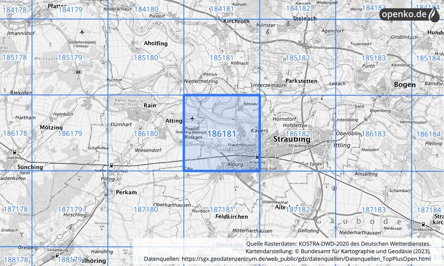 Übersichtskarte des KOSTRA-DWD-2020-Rasterfeldes Nr. 186181