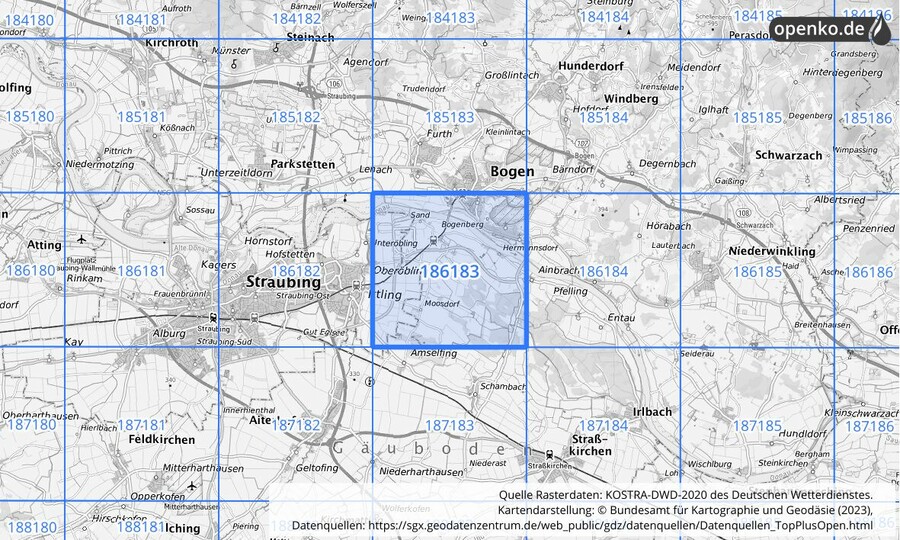 Übersichtskarte des KOSTRA-DWD-2020-Rasterfeldes Nr. 186183