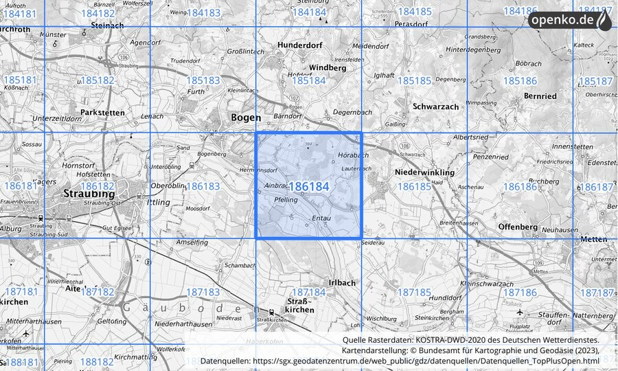 Übersichtskarte des KOSTRA-DWD-2020-Rasterfeldes Nr. 186184