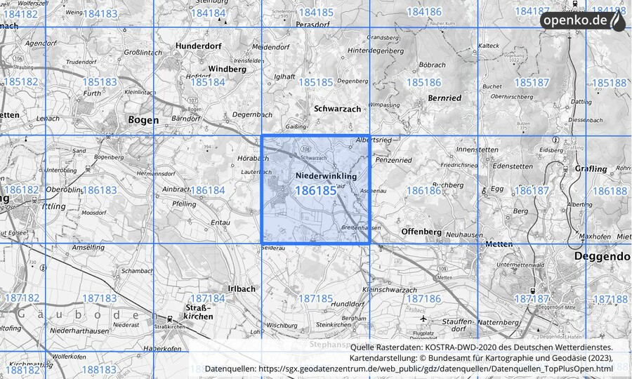 Übersichtskarte des KOSTRA-DWD-2020-Rasterfeldes Nr. 186185