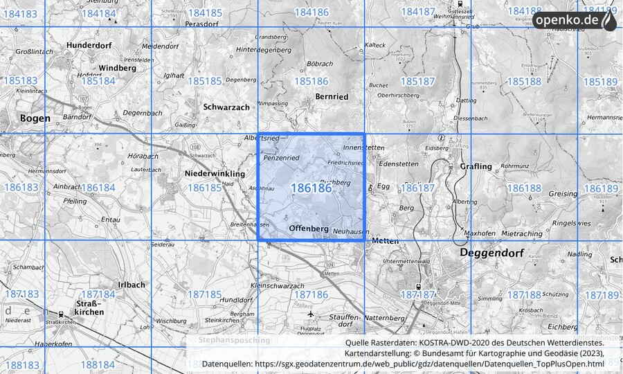 Übersichtskarte des KOSTRA-DWD-2020-Rasterfeldes Nr. 186186