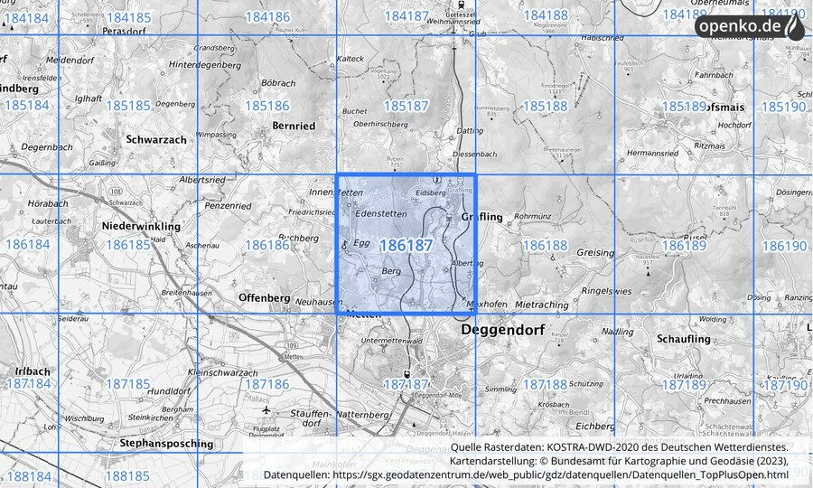 Übersichtskarte des KOSTRA-DWD-2020-Rasterfeldes Nr. 186187