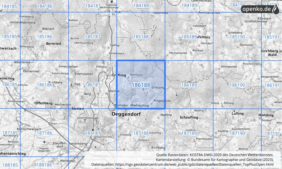 Übersichtskarte des KOSTRA-DWD-2020-Rasterfeldes Nr. 186188
