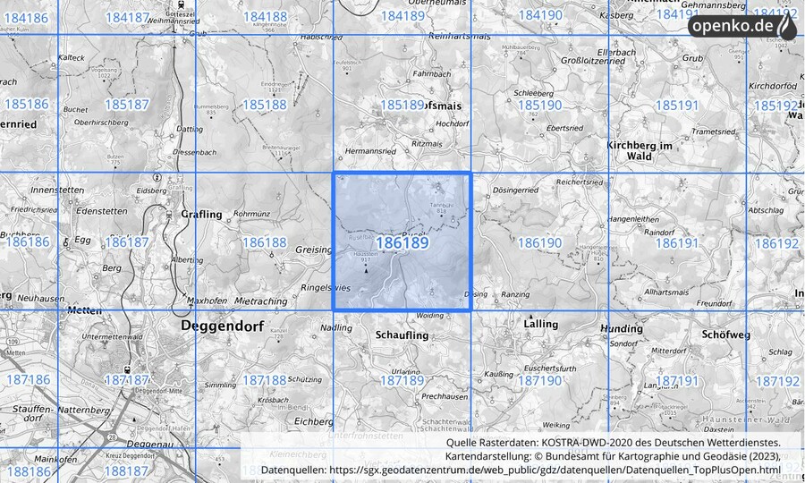 Übersichtskarte des KOSTRA-DWD-2020-Rasterfeldes Nr. 186189
