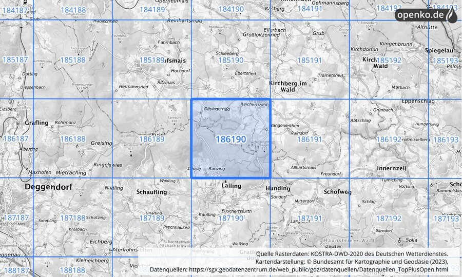 Übersichtskarte des KOSTRA-DWD-2020-Rasterfeldes Nr. 186190