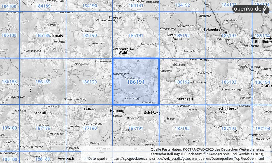 Übersichtskarte des KOSTRA-DWD-2020-Rasterfeldes Nr. 186191