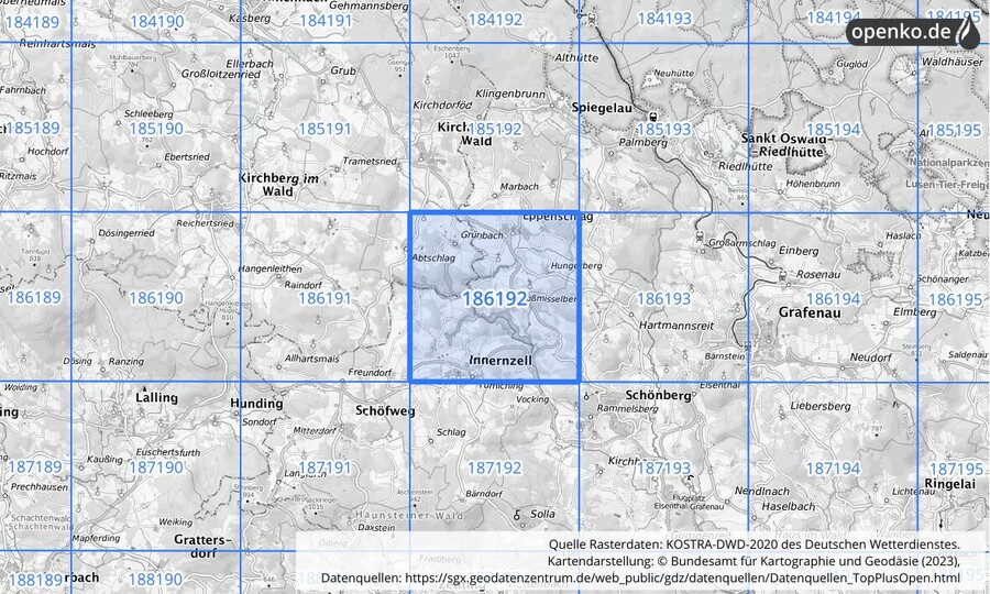 Übersichtskarte des KOSTRA-DWD-2020-Rasterfeldes Nr. 186192