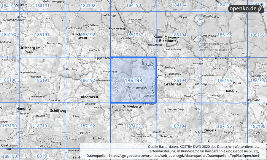 Übersichtskarte des KOSTRA-DWD-2020-Rasterfeldes Nr. 186193