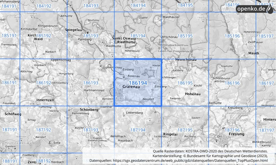 Übersichtskarte des KOSTRA-DWD-2020-Rasterfeldes Nr. 186194