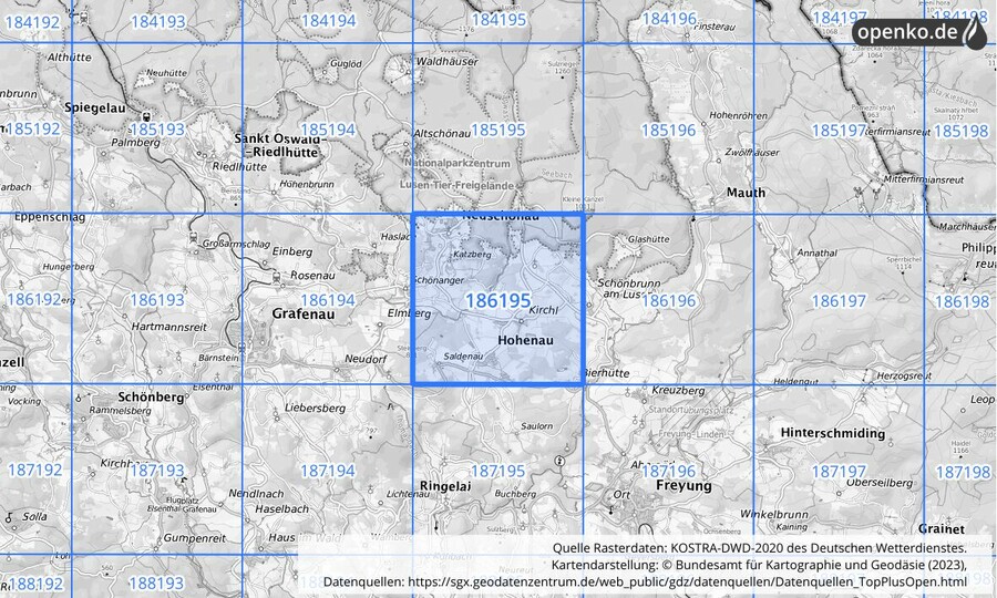 Übersichtskarte des KOSTRA-DWD-2020-Rasterfeldes Nr. 186195