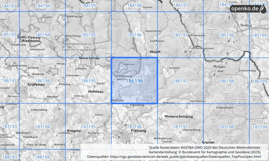 Übersichtskarte des KOSTRA-DWD-2020-Rasterfeldes Nr. 186196