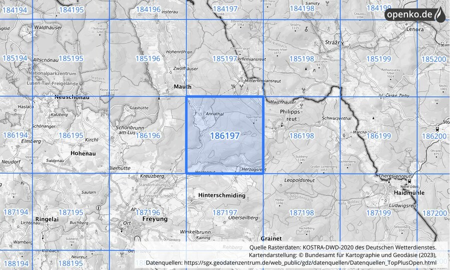 Übersichtskarte des KOSTRA-DWD-2020-Rasterfeldes Nr. 186197