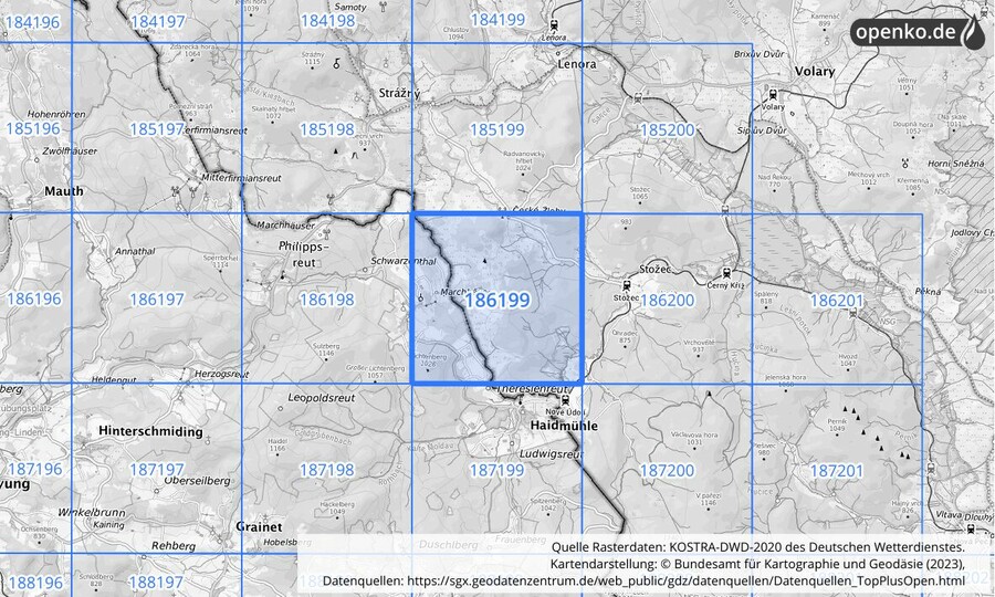 Übersichtskarte des KOSTRA-DWD-2020-Rasterfeldes Nr. 186199