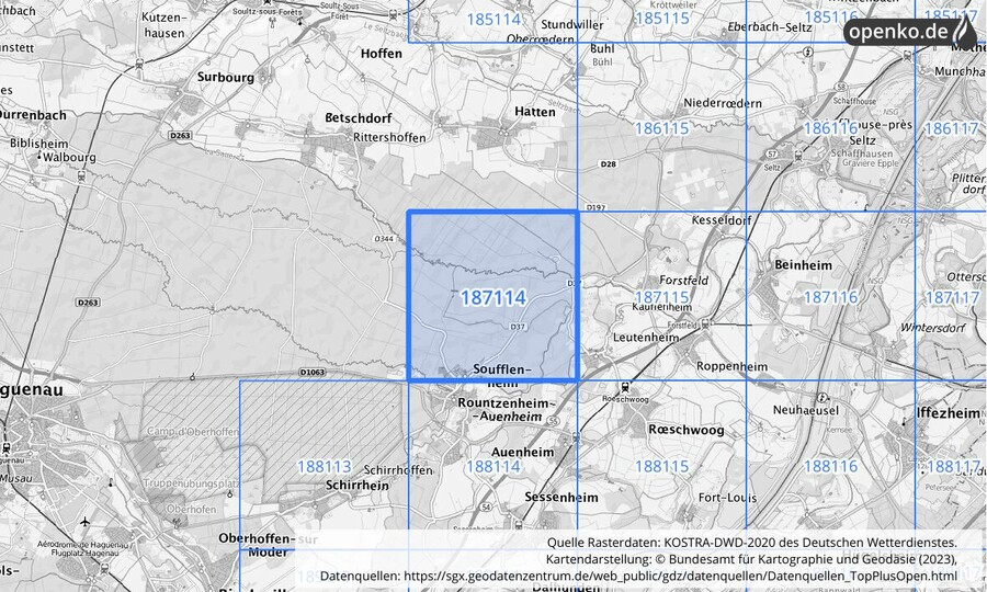 Übersichtskarte des KOSTRA-DWD-2020-Rasterfeldes Nr. 187114