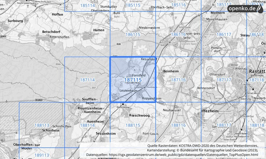 Übersichtskarte des KOSTRA-DWD-2020-Rasterfeldes Nr. 187115