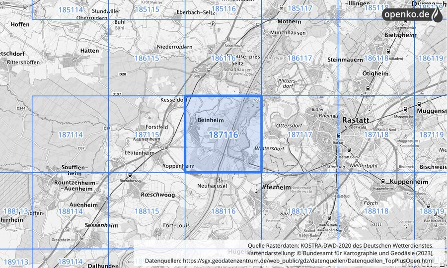 Übersichtskarte des KOSTRA-DWD-2020-Rasterfeldes Nr. 187116