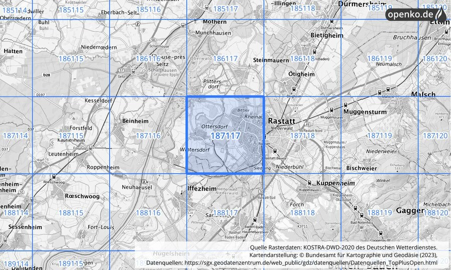 Übersichtskarte des KOSTRA-DWD-2020-Rasterfeldes Nr. 187117