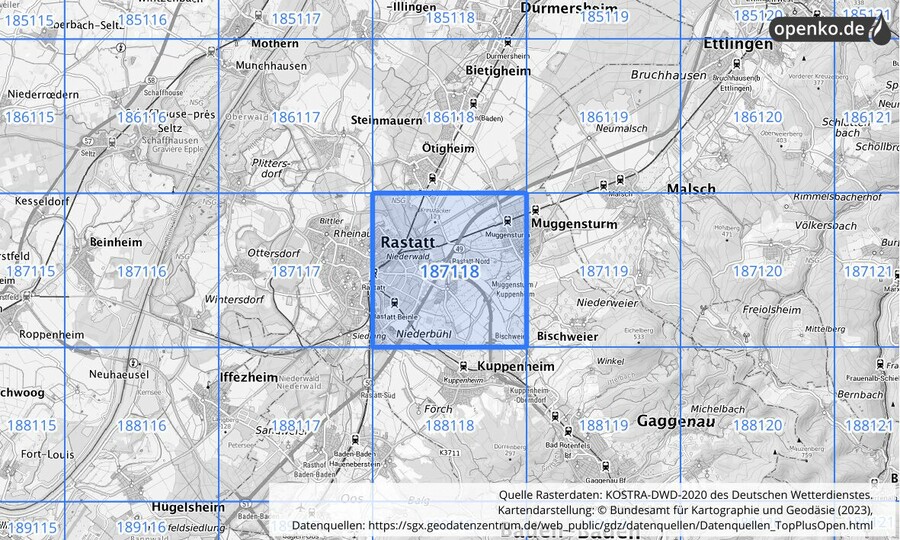 Übersichtskarte des KOSTRA-DWD-2020-Rasterfeldes Nr. 187118