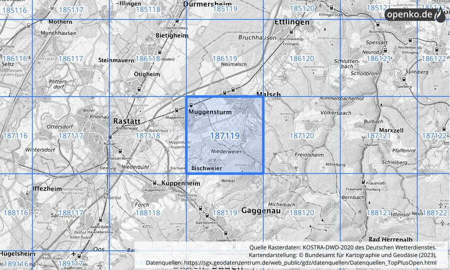 Übersichtskarte des KOSTRA-DWD-2020-Rasterfeldes Nr. 187119