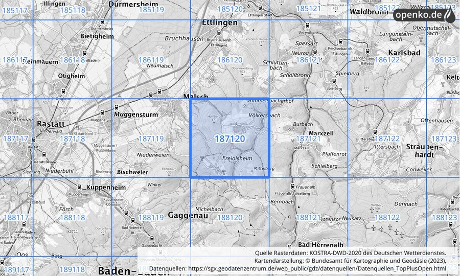 Übersichtskarte des KOSTRA-DWD-2020-Rasterfeldes Nr. 187120