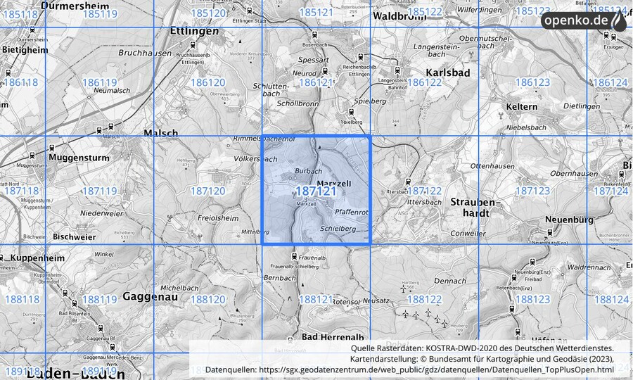 Übersichtskarte des KOSTRA-DWD-2020-Rasterfeldes Nr. 187121