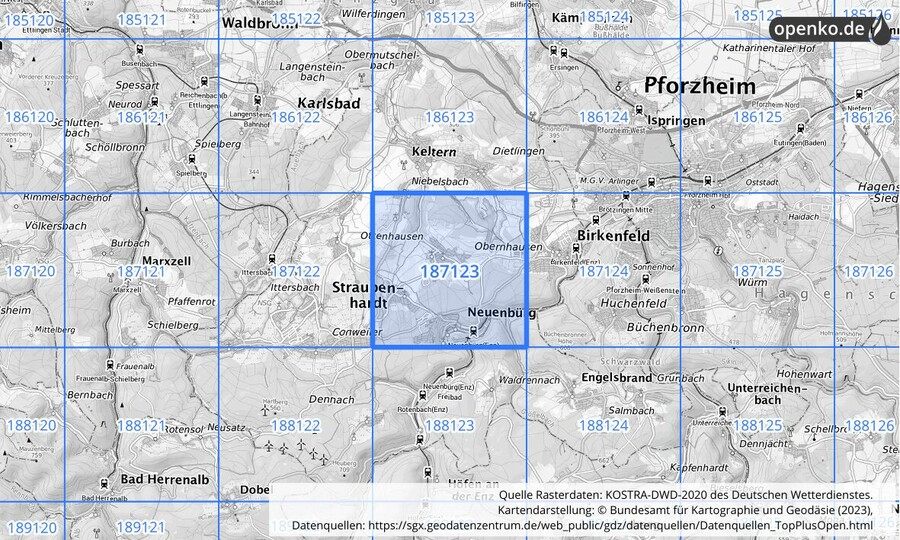 Übersichtskarte des KOSTRA-DWD-2020-Rasterfeldes Nr. 187123