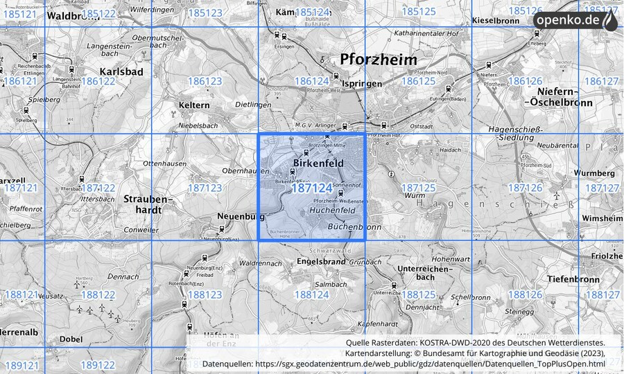 Übersichtskarte des KOSTRA-DWD-2020-Rasterfeldes Nr. 187124