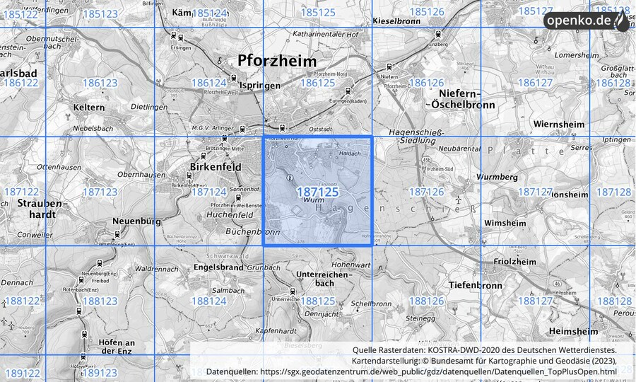 Übersichtskarte des KOSTRA-DWD-2020-Rasterfeldes Nr. 187125