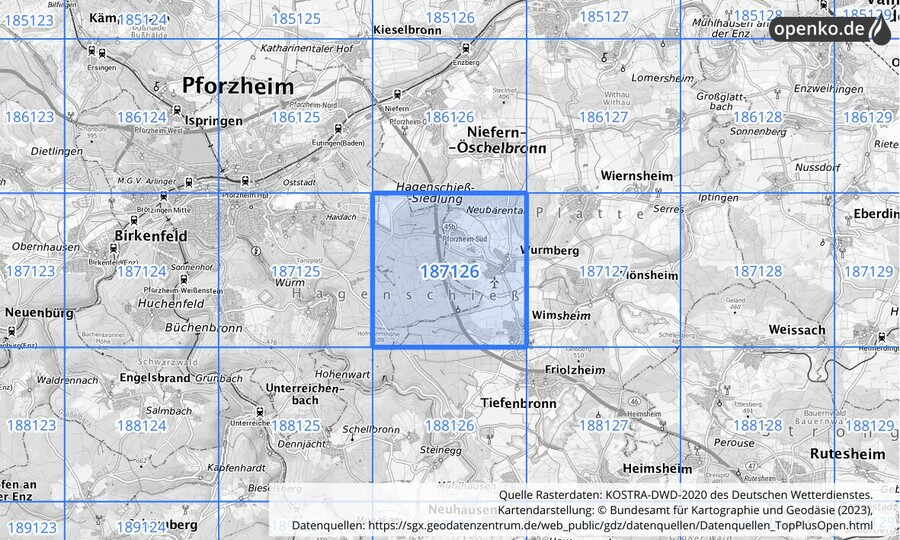 Übersichtskarte des KOSTRA-DWD-2020-Rasterfeldes Nr. 187126