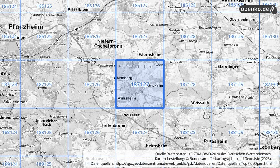 Übersichtskarte des KOSTRA-DWD-2020-Rasterfeldes Nr. 187127