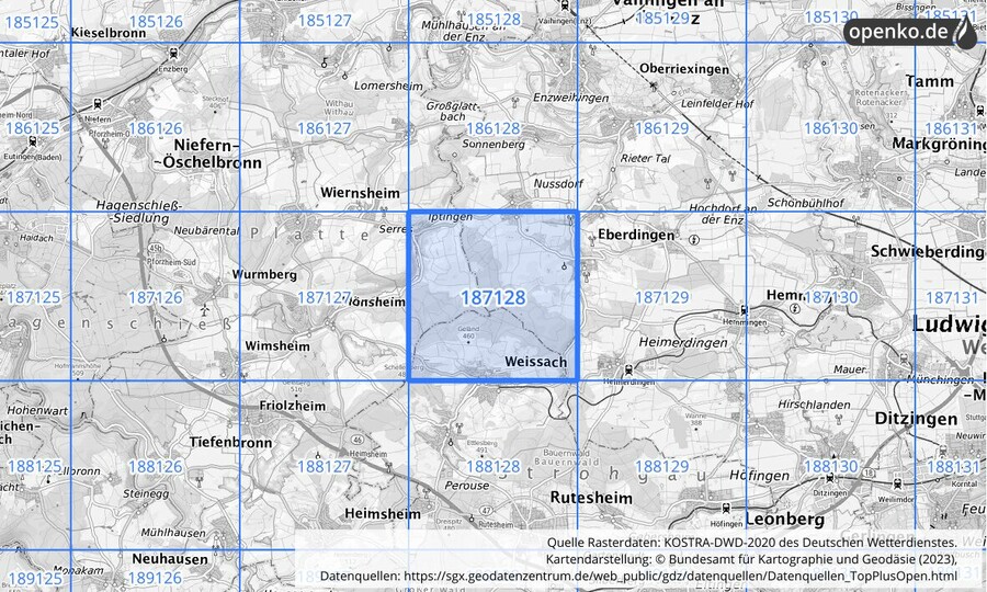 Übersichtskarte des KOSTRA-DWD-2020-Rasterfeldes Nr. 187128