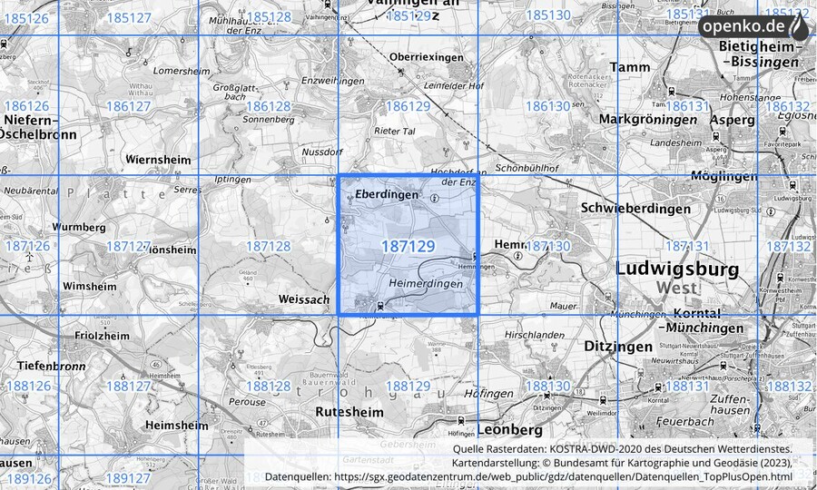 Übersichtskarte des KOSTRA-DWD-2020-Rasterfeldes Nr. 187129